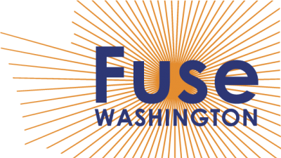 Fuse Washington in blue on an orange starburst in the shape of Washington state