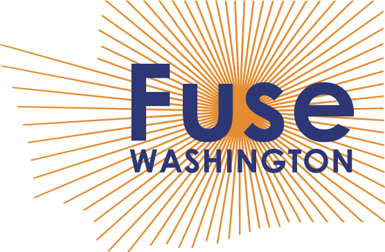 Fuse Washington in blue on an orange starburst in the shape of Washington state